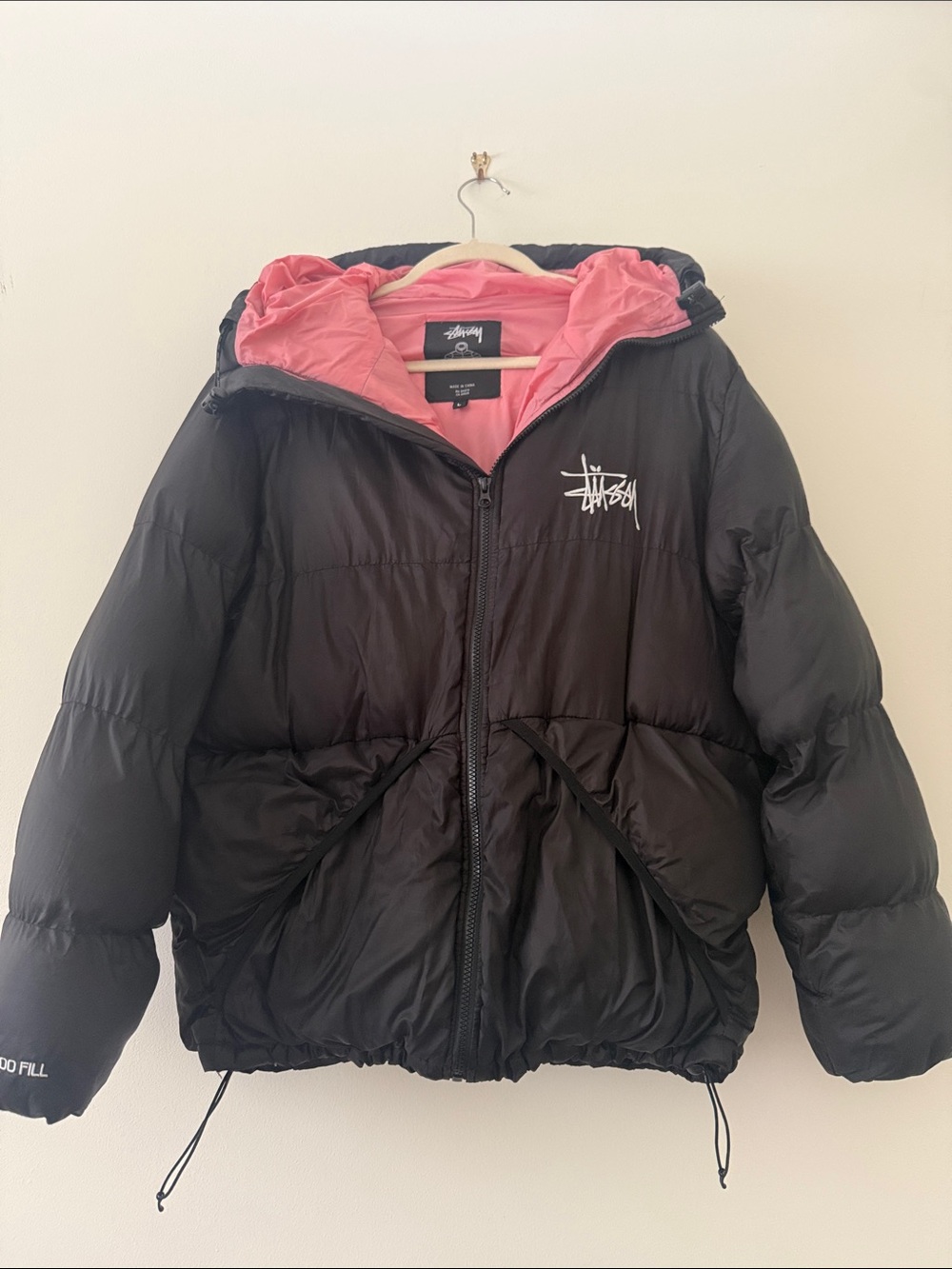 Stussy Black Puffer Jacket with Pink interior